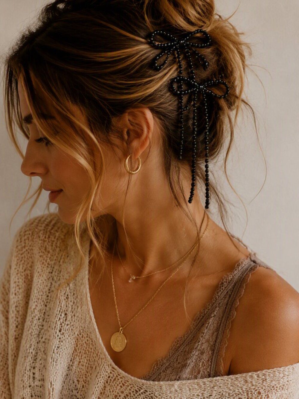 NWT Free people black large beads bow pin hair clips